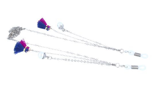 Hübsche Brillenkette aus Messing mit bunten Quasten und Schlaufenringe in Silber