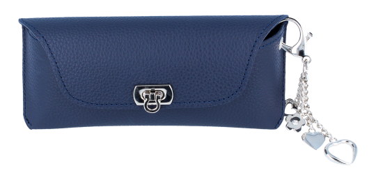 Stilvolles Brillenetui aus hochwertigem Leder in Blau mit elegantem silbernem Anhänger