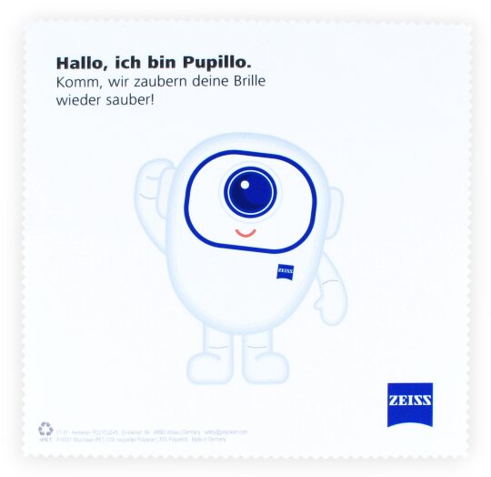 ZEISS Kinder-Brillenputztuch „Pupillo“ aus rPET – weiß, 17,5 × 17,5 cm