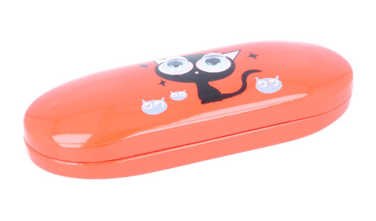 Lustiges Wackelaugen Kinderbrillenetui mit Katze in Orange-Pink