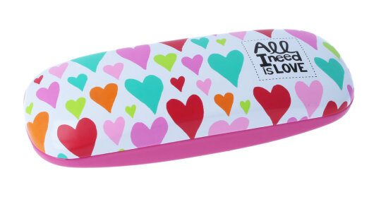 Cooles Brillenetui "All I need is LOVE" mit niedlichen bunten Herzen