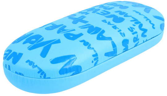 Hartschalen - Brillenetui "CITY" mit Metallscharnier und Schriftprägung in Blau