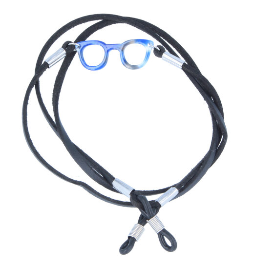Hübsche Kunstleder-Brillenkette mit blauem Brillenanhänger als Verzierung