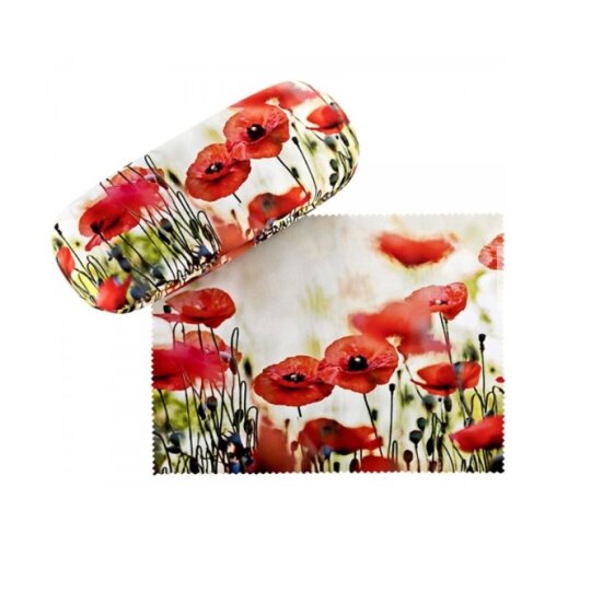 schönes Hartschalen-Brillenetui mit weichem Microfaserbezug und Tuch - MOHNBLUMEN