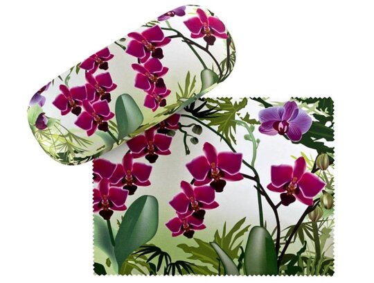 schönes Hartschalenetui mit floralem Microfaserbezug und passendem Tuch - ORCHIDEEN