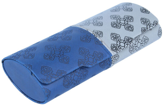 Zweifarbiges Brillenetui mit Prägung und Aufdruck - MIRIAM in Blau - Grau