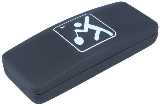 Schwarzes Hartschalen-Brillenetui mit Badminton-Symbol und Softtouch-Oberfläche