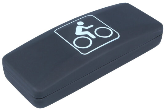 Schwarzes Hartschalen-Brillenetui mit Fahrrad-Symbol und Softtouch-Oberfläche