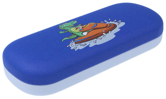 Lustiges Hartschalen-Brillenetui mit niedlichem Tiermotiv BUDDY und Metallscharnier in Blau