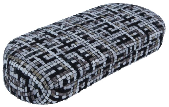 Stylisches Hartschalen-Brillenetui CONNECTION in Grau-Braun mit mehrfarbigem Stoffbezug im Webmuster