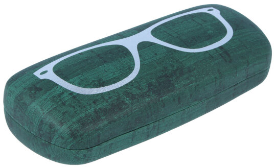 Grünes Hartschalen-Brillenetui in Korkoptik mit glänzendem Brillenmotiv "Saschi"