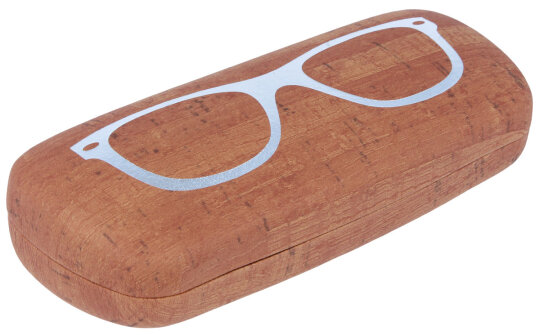 Braunes Hartschalen-Brillenetui in Korkoptik mit glänzendem Brillenmotiv "Saschi"