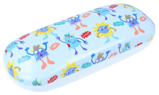 Hellblaues Hartschalen-Brillenetui mit Metallscharnier und coolem Monstermotiv