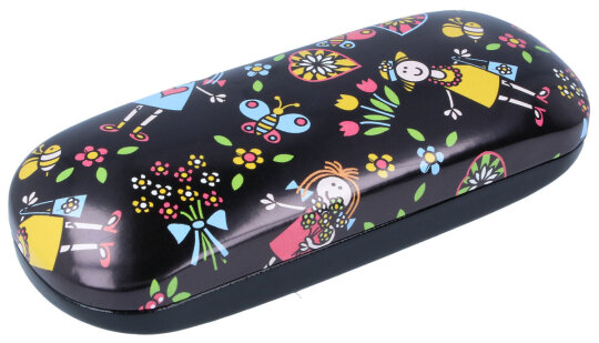 Schwarzes Hartschalen-Brillenetui mit Metallscharnier und süßem Mädchenmotiv