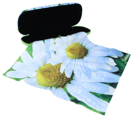 Edles MARGERITEN-Motivetui mit passendem Microfasertuch