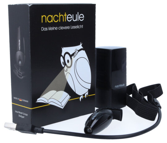Wiederaufladbares Leselicht "Nachteule+" im schicken Designer-Etui inkl. Stirnband