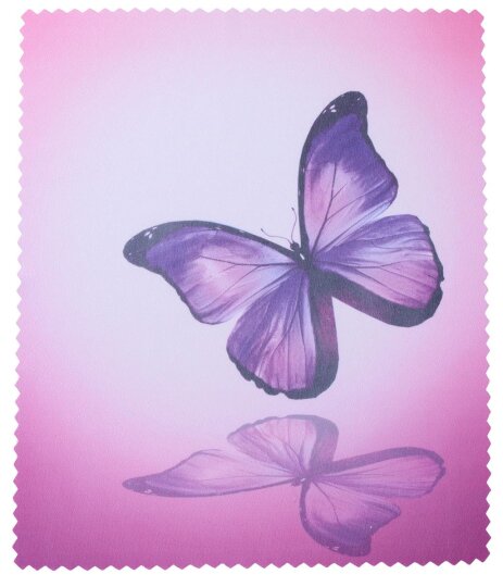 Violettes Poly-Mikrofasertuch für Brillen mit romantischem Motiv - SCHMETTERLING 14,5 cm x 17,5 cm